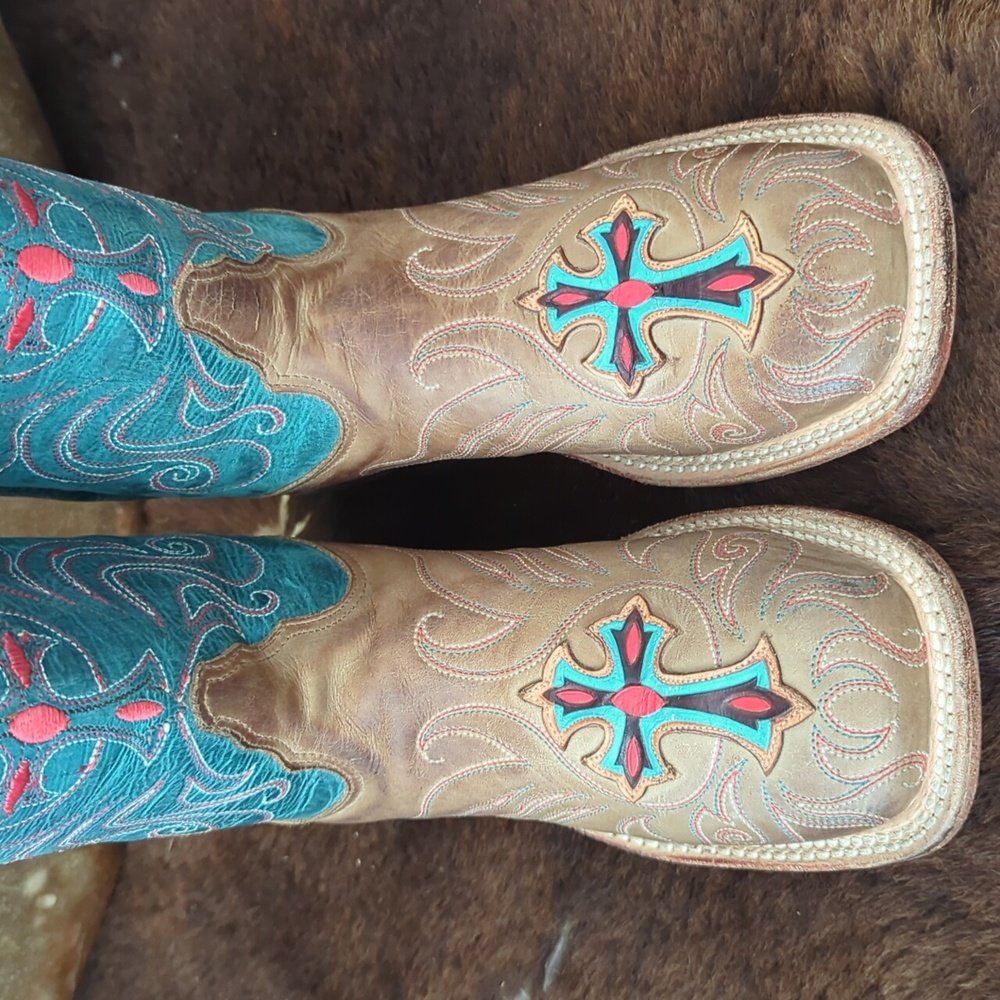 TONY LAMA ladies style#7931L "tan vintage cow cross" teal/brown cowboy boots 6.5 - Picture 11 of 16
